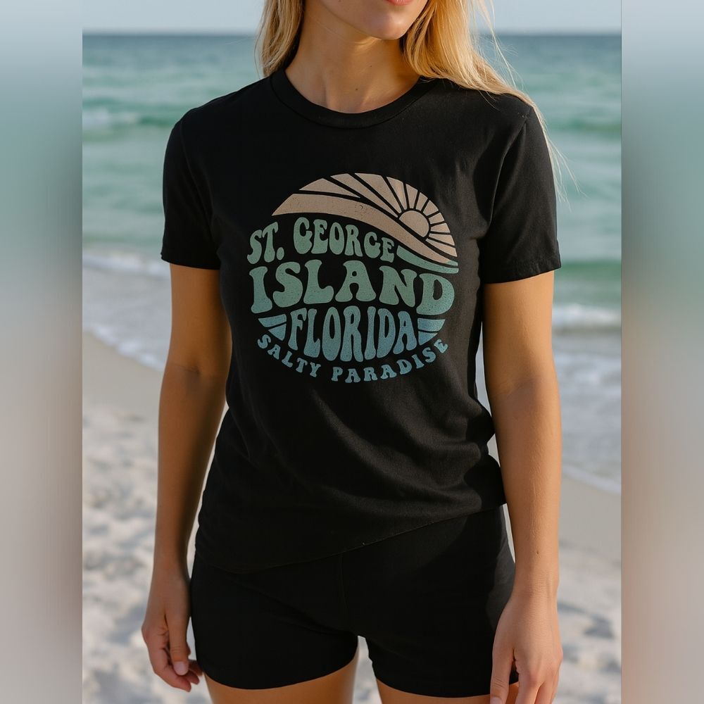 St George Island Florida T-Shirt Black Blue Tan Small Vacation Souvenir S/S Crew